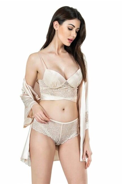 Ahu Fildişi Büstiyerli Üçlü Saten Gecelik Babydoll Şort Takım 7655