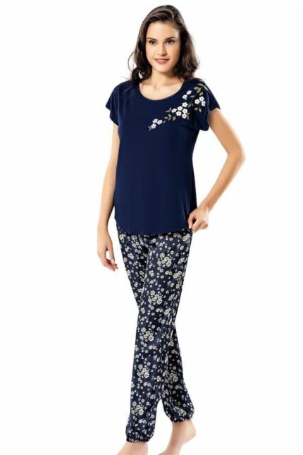 Loriva Papatya Desenli Lacivert İkili Penye Gecelik Pijama Takımı