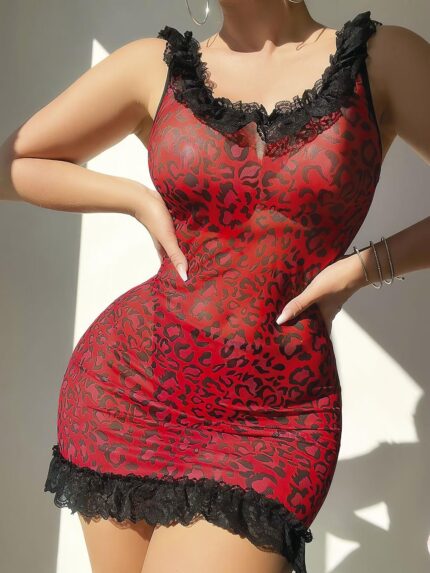 Aria's Closet Sırt Dekolteli Kırmızı Leoparlı Gecelik