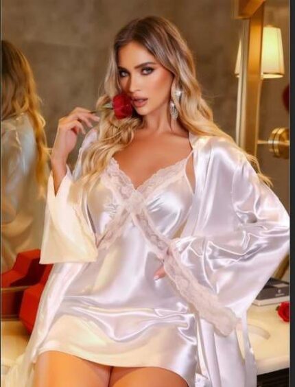 Aria's Closet Beyaz Dantel İşlemeli İnce Askılı Saten 2'li Gecelik Sabahlık Takımı