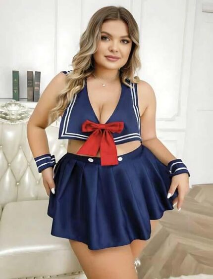 Aria's Closet Büyük Beden Lacivert Büstiyerli Kurdela Detaylı Mini Etekli Fantezi Denizci Kostümü