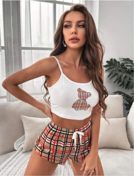 Aria's Closet Ekoseli Ayıcık Desenli Askılı Şortlu Pijama Takımı