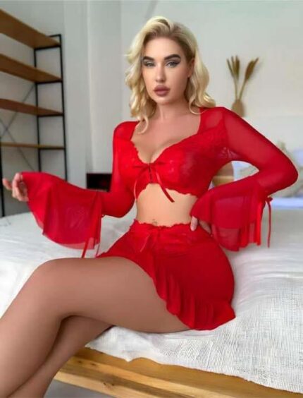 Aria's Closet Kırmızı Transparan Fantezi Etekli Gecelik Takım