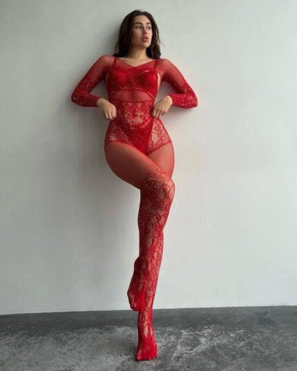 Aria's Closet Özel Tasarım Kırmızı Taşlı Fantezi Vücut Çorabı
