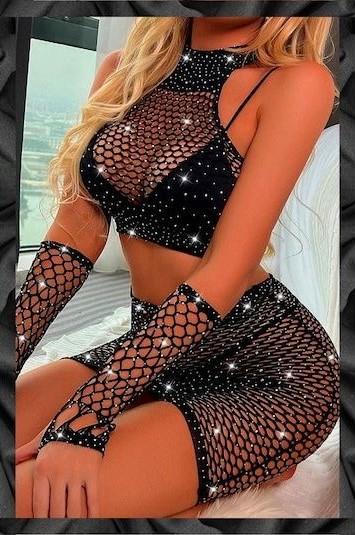 Aria's Closet Özel Tasarım Siyah Taşlı Fantezi Alt Üst Vücut Çorabı