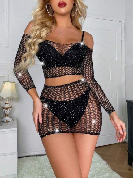 Aria's Closet Özel Tasarım Siyah Taşlı Fantezi Vücut Çorabı