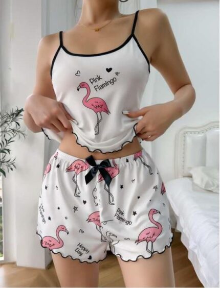 Aria's Closet Pink Flamingo Desenli Askılı Şortlu Pijama Takımı