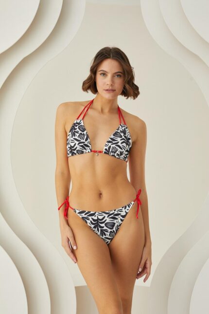 Aria's Closet Siyah Beyaz Desenli Kırmızı İp Askılı Boyundan Bağlamalı Bikini Takımı