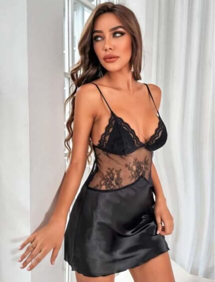 Aria's Closet Siyah Dantel Detaylı İnce Askılı Saten Kısa Fantezi Gecelik
