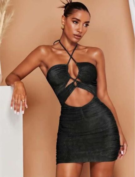 Aria's Closet Siyah Simli Boyundan Bağlamalı Göğüs Dekolteli Mini Club Elbisesi