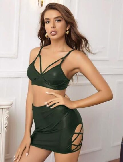 Aria's Closet Siyah Yırtmaç Etekli Fantezi Deri Mini Elbise