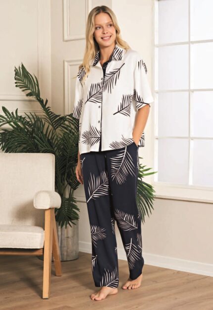 Aria's Closet %100 Viskon Dokuma Lacivert Yaprak Desenli Önden Düğmeli Pijama Takımı