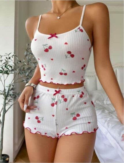 Aria's Closet Beyaz Kiraz Desenli Askılı Şortlu Pijama Takımı