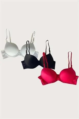 Aria's Closet Beyaz-Siyah-Kırmızı 3'lü Mikro Kumaş Push Up Dolgulu Balenli Günlük Destekli Sütyen