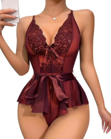 Aria's Closet Bordo Dantel İşlemeli Kurdelalı Fantezi Tül Babydoll