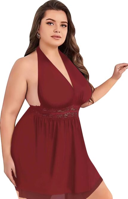 Aria's Closet Büyük Beden Bordo Dantel İşlemeli Boyundan Bağlamalı Fantezi Tül Gecelik