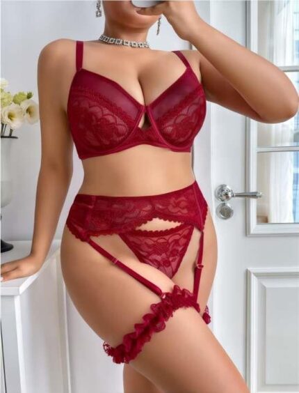 Aria's Closet Büyük Beden Bordo Dantel İşlemeli Sütyenli Fantezi Jartiyer Takımı