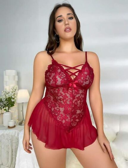 Aria's Closet Büyük Beden Bordo Dantel İşlemeli Fırfırlı Fantezi Babydoll
