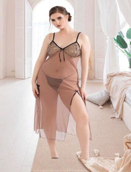 Aria's Closet Büyük Beden Kahverengi Tül Fantezi Uzun Yırtmaçlı Gecelik