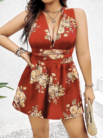 Aria's Closet Büyük Beden Kahverengi Üstüne Çiçek Desenli Sırt Detaylı Elbise
