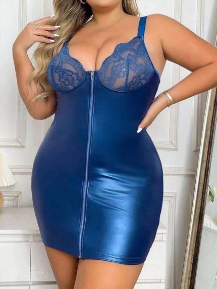 Aria's Closet Büyük Beden Saks Deri Dantelli Fermuarlı Fantezi Elbise