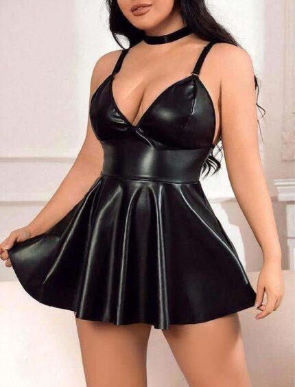 Aria's Closet Büyük Beden Siyah Deri Fantezi Elbise