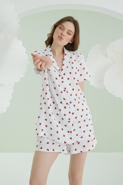 Aria's Closet Ekru Şortlu Önden Düğmeli Kalpli Pijama Takımı