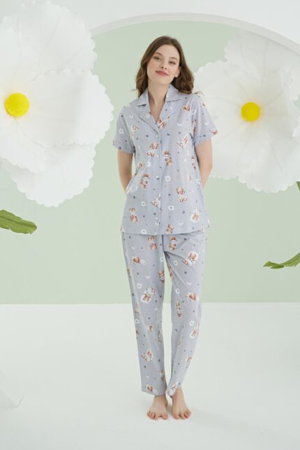 Aria's Closet Gri Ayıcık Desenli Önden Düğmeli Pijama Takımı
