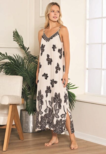 Aria's Closet Keten Dokuma Yırtmaçlı İnce Askılı Desenli Uzun Elbise