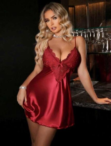 Aria's Closet Kırmızı Dantel Detaylı İnce Askılı Saten Mini Gecelik
