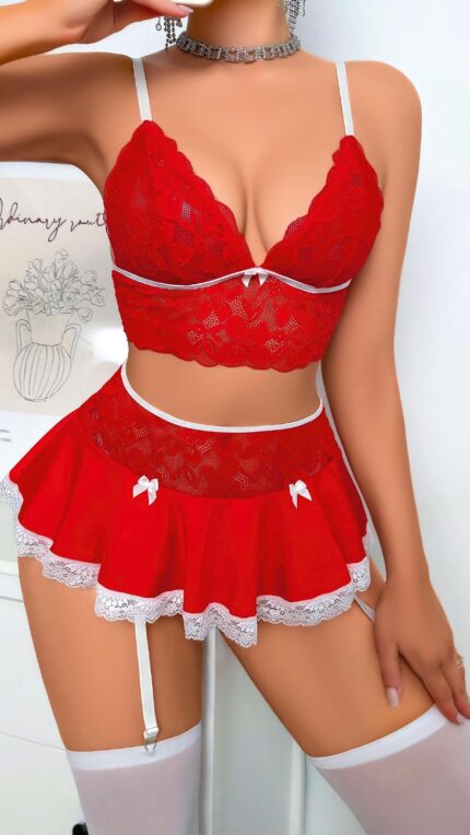 Aria's Closet Kırmızı Dantel İşlemeli Büstiyerli Etekli Fantezi Kostüm