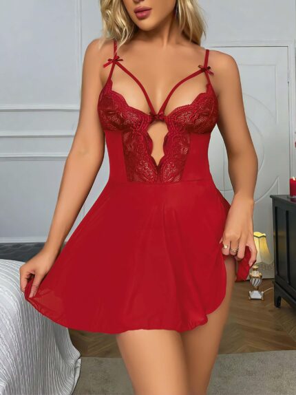 Aria's Closet Kırmızı Dantel İşlemeli Göğüs İp Detaylı Fantezi Tül Gecelik Takımı