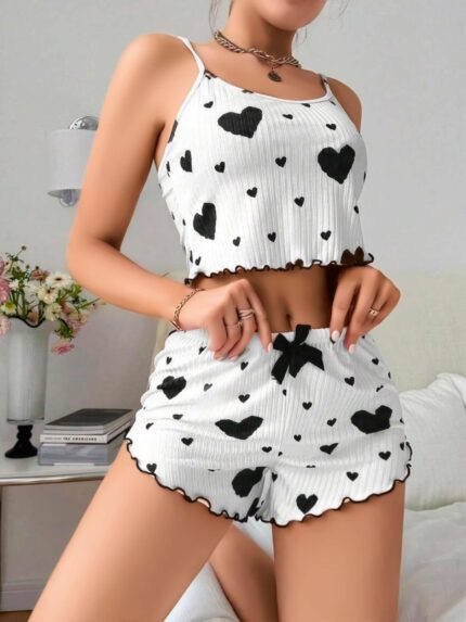 Aria's Closet Pamuklu Beyaz Üstüne Siyah Kalp Desen Fitilli Askılı Şortlu Pijama Takımı