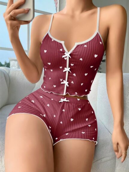 Aria's Closet Pamuklu Kahverengi Üstüne Beyaz Kalp Desen Fitilli Askılı Şortlu Pijama Takımı