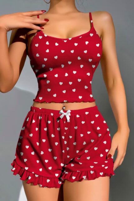 Aria's Closet Pamuklu Kırmızı Üstüne Beyaz Kalp Desen Fitilli Askılı Şortlu Pijama Takımı