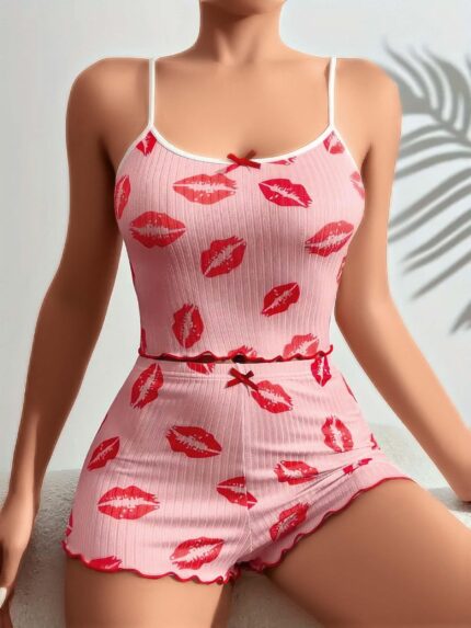 Aria's Closet Pamuklu Kiss Öpücük Desen Pembe Şortlu Pijama Takımı