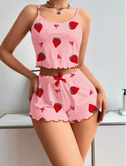 Aria's Closet Pamuklu Pembe Üstüne Çilek Desen Fitilli Askılı Şortlu Pijama Takımı