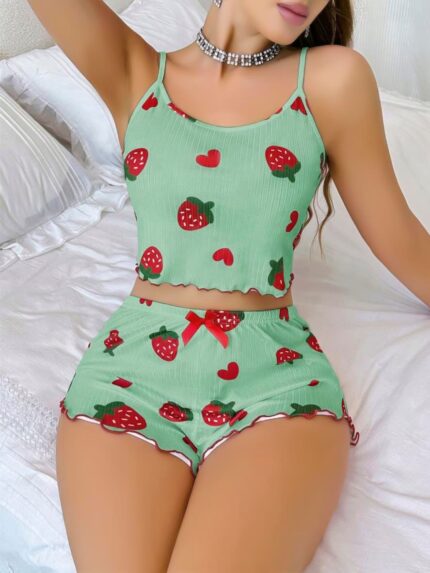 Aria's Closet Pamuklu Yeşil Üstüne Çilek Desen Fitilli Askılı Şortlu Pijama Takımı