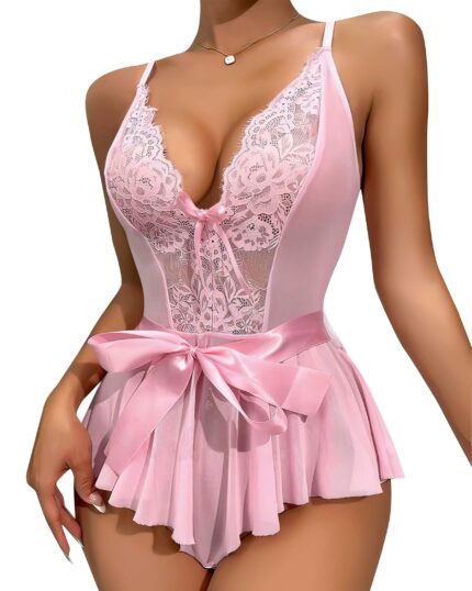 Aria's Closet Pembe Dantel İşlemeli Kurdelalı Fantezi Tül Babydoll