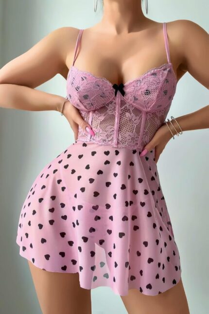Aria's Closet Pembe Kalp Desenli Dantel İşlemeli Fantezi Gecelik