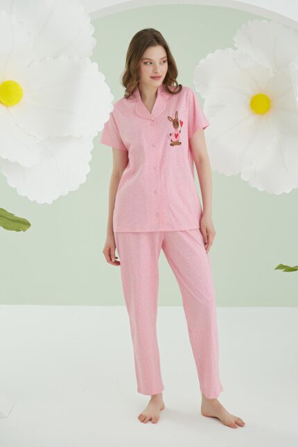 Aria's Closet Pembe Önden Düğmeli Kısa Kol Bunny Pijama Takımı