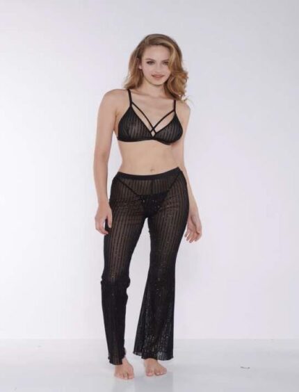 Aria's Closet Siyah Çizgili Transparan Göğüs İp Detaylı Fantezi Sütyen Pijama Takımı