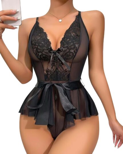 Aria's Closet Siyah Dantel İşlemeli Kurdelalı Fantezi Tül Babydoll