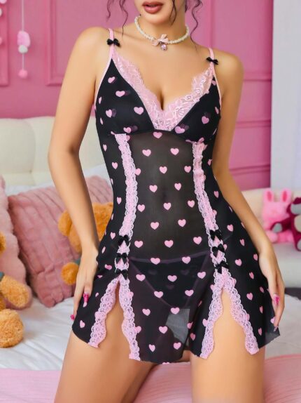 Aria's Closet Siyah Kalp Desenli Dantel İşlemeli Fantezi Gecelik