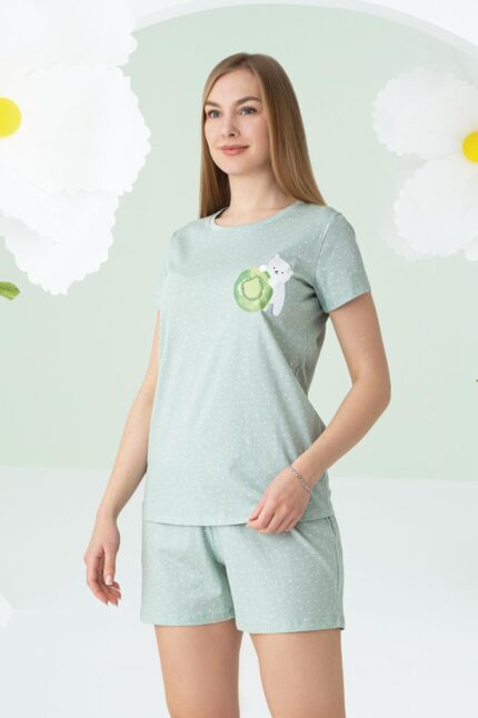 Aria's Closet Yeşil Ayıcık Desen Kısa Kollu Şortlu Pijama Takımı