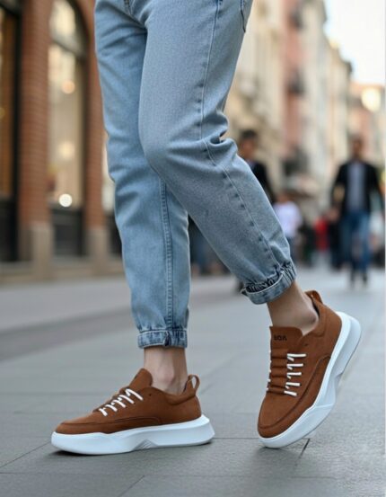 BA0332 Merdiven Desen Bağcıklı Erkek Yüksek Taban Taba Süet Beyaz Taban Spor Ayakkabı