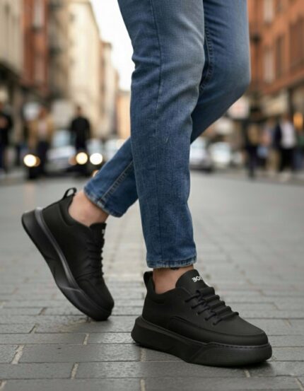 BA0332 Merdiven Desen Bağcıklı Erkek Yüksek Taban Siyah Cilt Siyah Taban Spor Ayakkabı