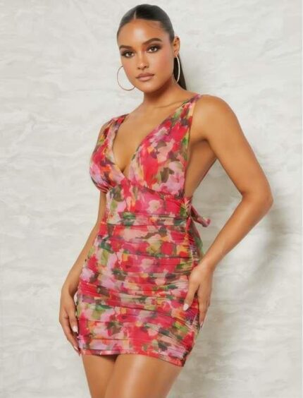 Arias Closet Çiçek Desenli Büzgülü Arkadan Bağlamalı Fantezi Elbise