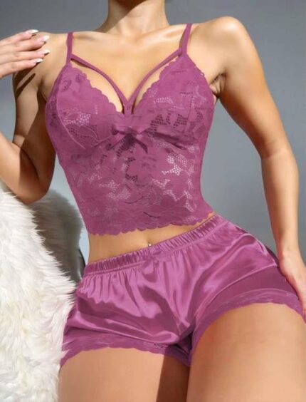 Arias Closet Dantelli Büstiyer İnce Askılı Lila Saten Şortlu Takım