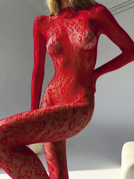 Arias Closet Özel Tasarım Kırmızı Sırt Dekolteli Fantezi Body Vücut Çorabı